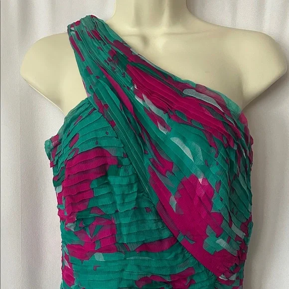 Tadashi Shoji Elegant One-Shoulder Teal/Pink 💯% Silk Dress **Size 6** 🌺🌺 - Picture 3 of 5